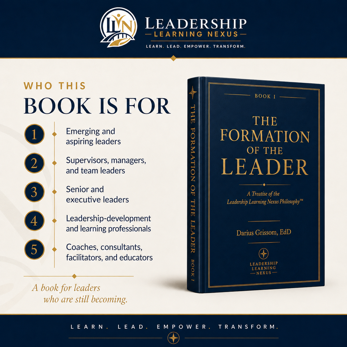 Promotional graphic for the book 'The Formation of the Leader: A Treatise of the Leadership Learning Nexus Philosophy' by Darius Grissom, EdD, published by Leadership Learning Nexus. The image features a dark navy blue book with gold lettering on a cream background, alongside descriptive text and bullet points on the left, and the publisher's logo at the top.